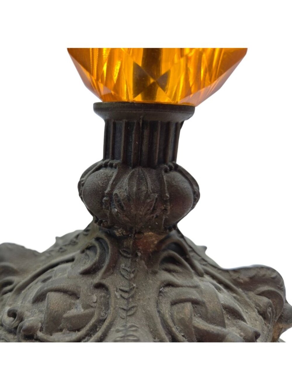 Vtg Hollywood Regency Cast Metal Amber Glass Candle Holders Pair Tulip Top 8" - Picture 7 of 12